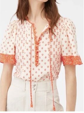 Rebecca Taylor Ivory and orange Tie-Neck Printed Blouse 100% silk